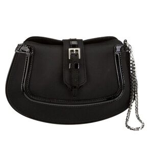 Tod's SHW Black Clutch Bag Nylon w/ Patent Leather Trim & Silver Chain Strap